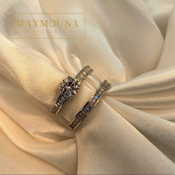 925 Sterling Silver Round & Baguette Ring Set - Picture 10 of 14